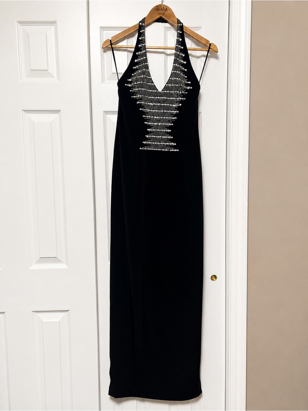 NWT Basix II Black Halter Beaded Maxi Dress Gown Size 8 Style 2232